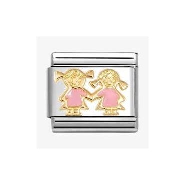 Classic Yellow Gold PVD Pink Enamel Sisters Charm