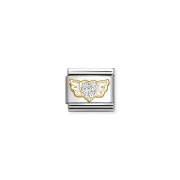 Classic Yellow Gold Silver Glitter Heart with Wings Charm