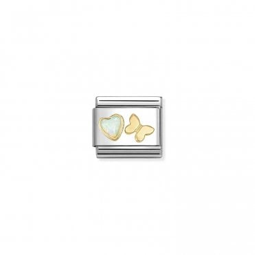 Classic Yellow Gold White Opal Heart with Butterfly Charm