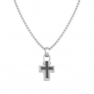 Manvision Silver and Black CZ Cross Necklace