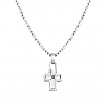 Manvision Silver Cross with Black CZ Necklace