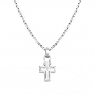 Manvision Silver Cross with White CZ Necklace