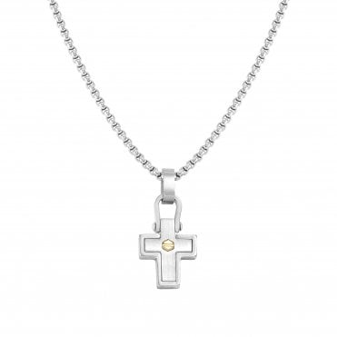Manvision Silver Cross with Yellow Gold Detail Necklace