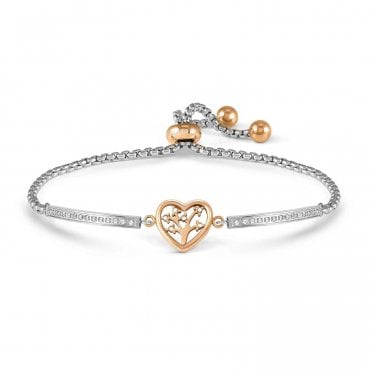 Milleluci Silver and Rose Gold CZ Tree of Life Heart Adjustable Bracelet