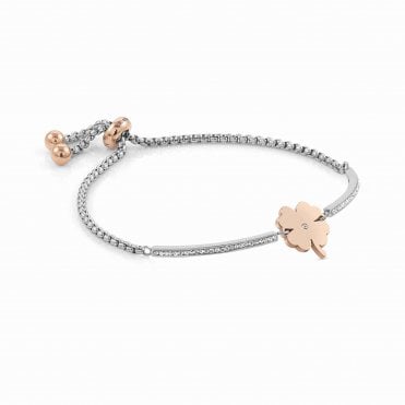 Milleluci Stainless Steel, Rose Gold PVD & White Pave CZ Four Leaf Clover Bracelet