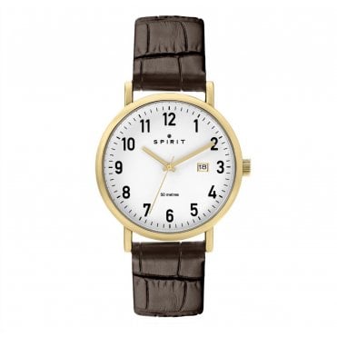 Spirit Gold Plated Case Tan Brown Leather Strap Watch