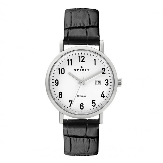 SPIRIT Silver Case Black Leather Strap Watch
