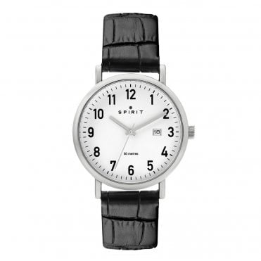 Spirit Silver Case Black Leather Strap Watch