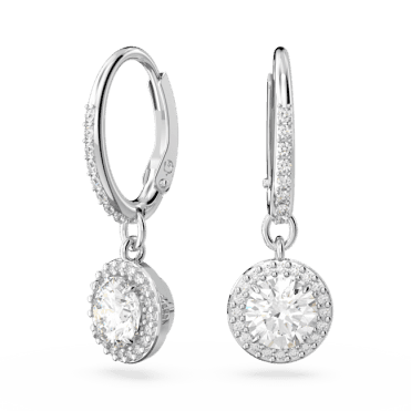 Constella drop earrings, Round cut, Pavé, White, Rhodium plated