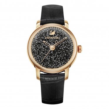 Crystalline Hours Watch, Leather strap, Black, Rose-gold tone PVD