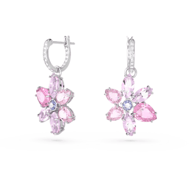 Gema drop earrings, Mixed cuts, Flower, Pink, Rhodium plated