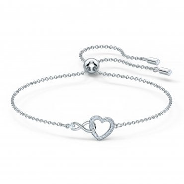 Infinity bracelet, Infinity and heart, White, Rhodium plated