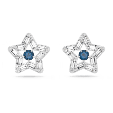 Stella stud earrings, Star, Blue, Rhodium plated