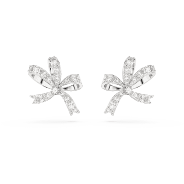 Volta stud earrings, Bow, Small, White, Rhodium plated