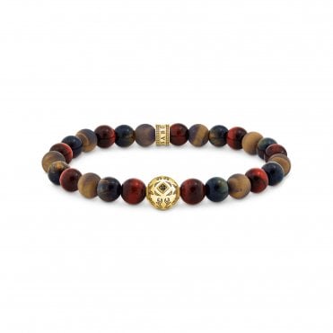 Gold-plated beads bracelet with blue gold and red tiger's eye