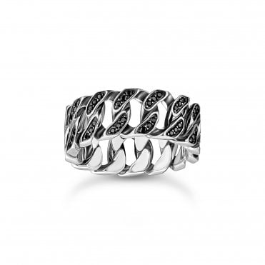 Wide Silver Ring with Links and Black Zirconia Stones