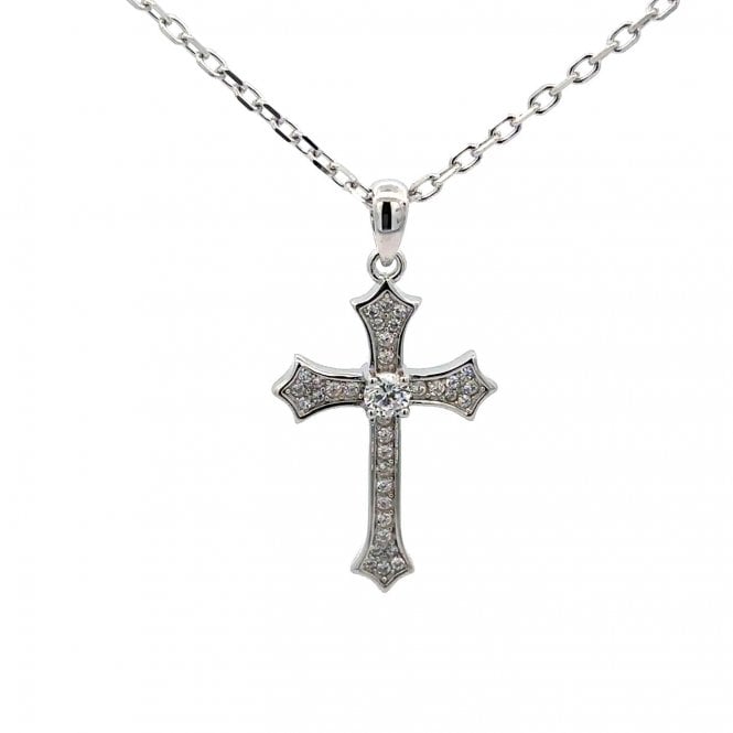 WILCOX & CARTER SILVER Silver & cubic zirconia cross and pendant chain.