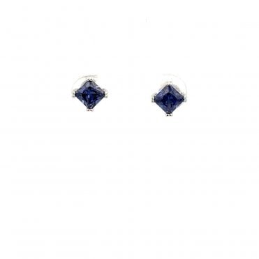 Silver four claw dark blue cubic zirconia stud earrings
