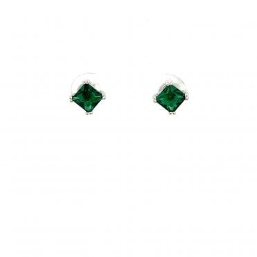 Silver four claw green cubic zirconia stud earrings