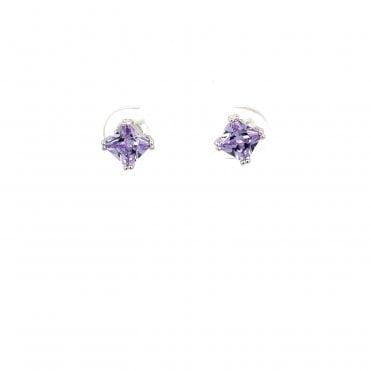 Silver four claw lilac cubic zirconia stud earrings