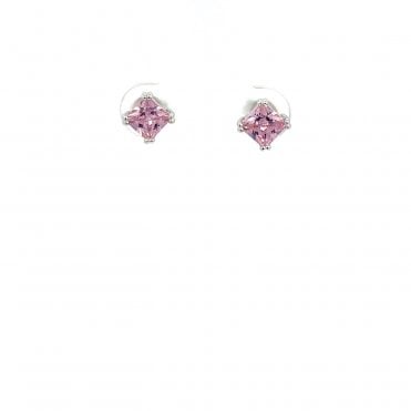 Silver four claw pink cubic zirconia stud earrings