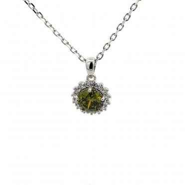 Silver white & green cubic zirconia cluster pendant and chain