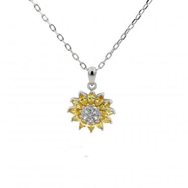 Silver white & yellow cubic zirconia sun pendant and chain